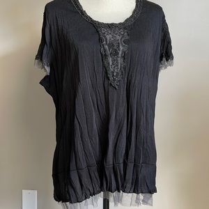 Panitti Romantic  Gauzy Black Short Sleeve Blouse Top with Lace and Tulle Detail
